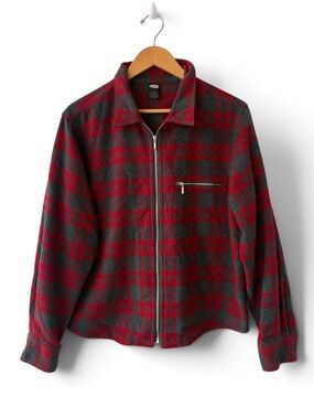 Vintage 90s Old Navy Plaid Wool Blend Zip Jacket Red Gray  Large